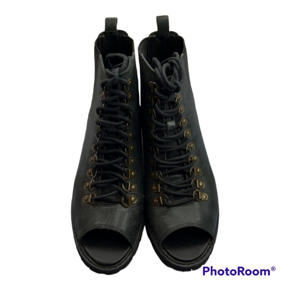 VON Dutch Shotgun Leather Heeled Boots Lace-Up Open-Toe Bootie Black 7M - Picture 11 of 15